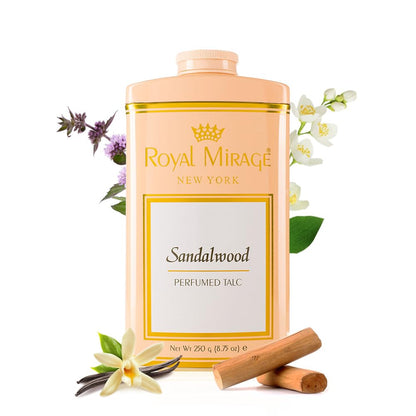 Royal Mirage Sandalwood Deodorizing Talc | Silky Soft & Fresh Skin | Jasmine, Sandalwood & Vanilla Notes | Perfumed Talc | Long-Lasting Comfort & Fragrance | Talcum Powder for Women | 250gm
