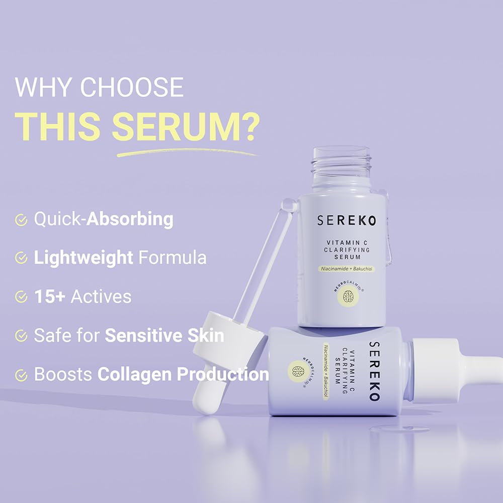 Sereko Vitamin C serum with dropper on a light purple background