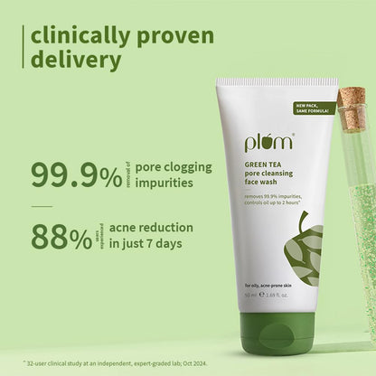 Plum Green Tea Pore Cleansing Face Wash for Oily, Acne Prone, Dry & Combination Skin | with Glycolic Acid | Fight Pimples & Control Excess Oil | Gentle Exfoliating & Non-Drying | Women & Men | 50ml