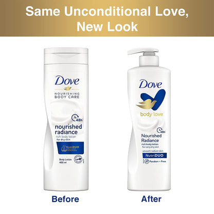 Dove Body Love Nourished Radiance Body Lotion For Very Dry Skin 48hrs Moisturisation Paraben Free with Plant Based moisturiser Soft Radiant Skin 400ml