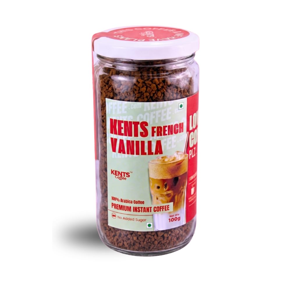Kents Coffee French Vanilla Instant Coffee | 100% Arabica | LOW ACIDIC COFFEE | Serve HOT & COLD | Smooth & Aromatic Vanilla Flavoured Instant Coffee Powder | Natural Vanilla Beans | Chikmagalur | Medium Roast | No SUGAR | No Artifical Flavour