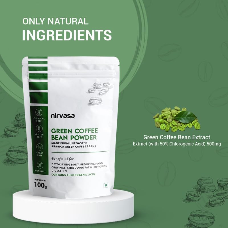 Nirvasa Pure Green Coffee Bean Powder for Weight Loss & Detox | Natural Fat Burner with Chlorogenic Acid | Boosts Metabolism, Energy & Fitness | Unroasted Arabica Extract Powder, 100g