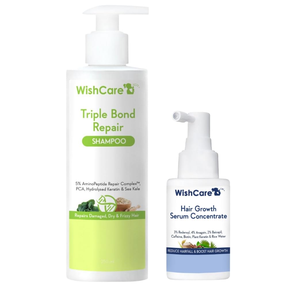 WishCare Triple Bond Repair Shampoo and Hair Growth Serum Concentrate on a white background
