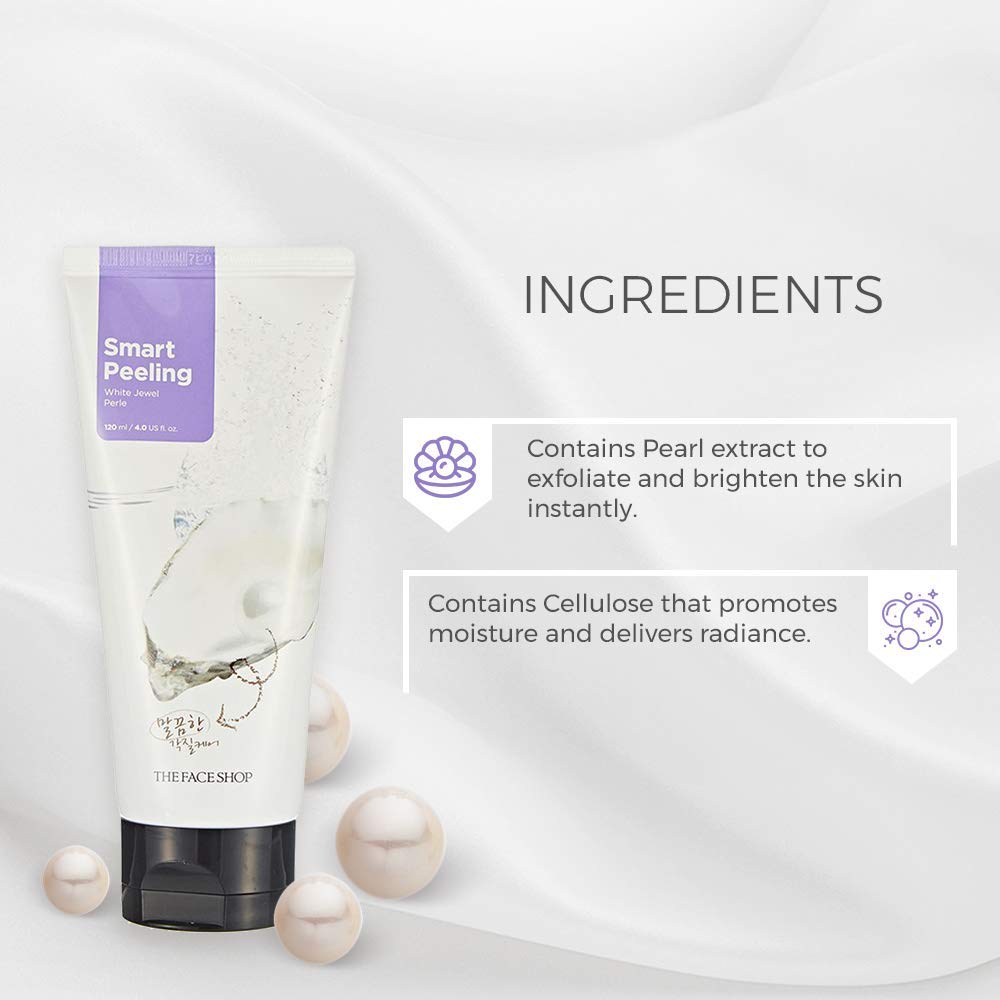 Smart Peeling cream tube with pearl extract and cellulose ingredients on a white background