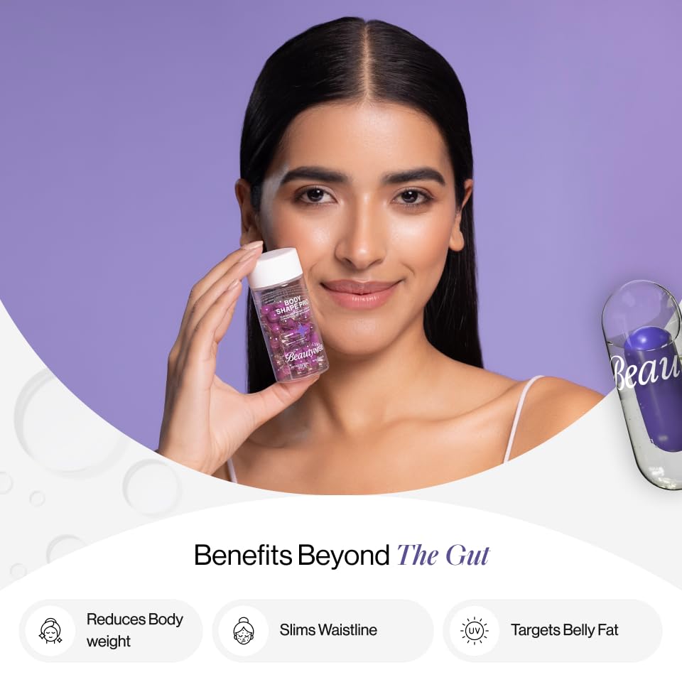 Woman holding a purple bottle with 'Beauty' branding against a purple background