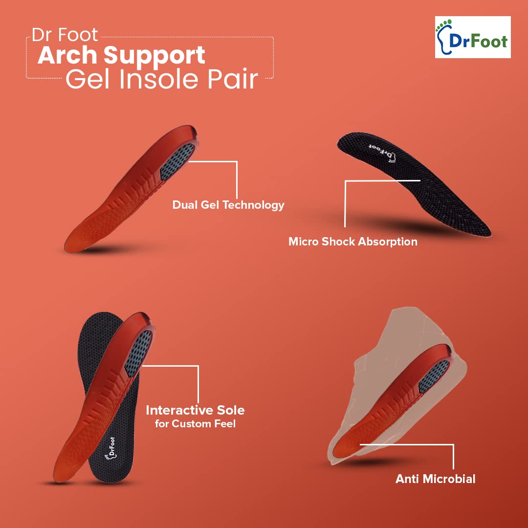 Dr Foot Arch Support Gel Insole Pair | For All-Day Comfort | Shoe Inserts for Flat Feet, Plantar Fasciitis, High Arch, Foot Pain | Full-Length Orthotics | For Men & Women 1 Pair (Large Size)