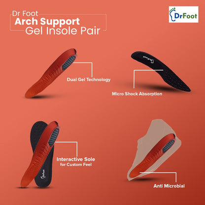 Dr Foot Arch Support Gel Insole Pair | For All-Day Comfort | Shoe Inserts for Flat Feet, Plantar Fasciitis, High Arch, Foot Pain | Full-Length Orthotics | For Men & Women 1 Pair (Large Size)