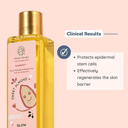 Little Rituals SWEET ALMOND (BADAM OIL) Baby Massage Oil and Hair oil, Cold Pressed and Certified ORGANIC with SWISS Plant Actives. Dermatologist Tested by Pediatrics, Mild & Gentle & Safe (100 ML)