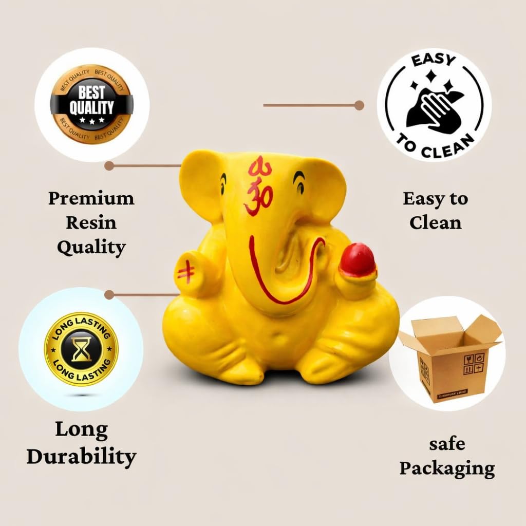 Resin Lord Ganesha Idol Car Dashboard 5x5cm (Yellow)