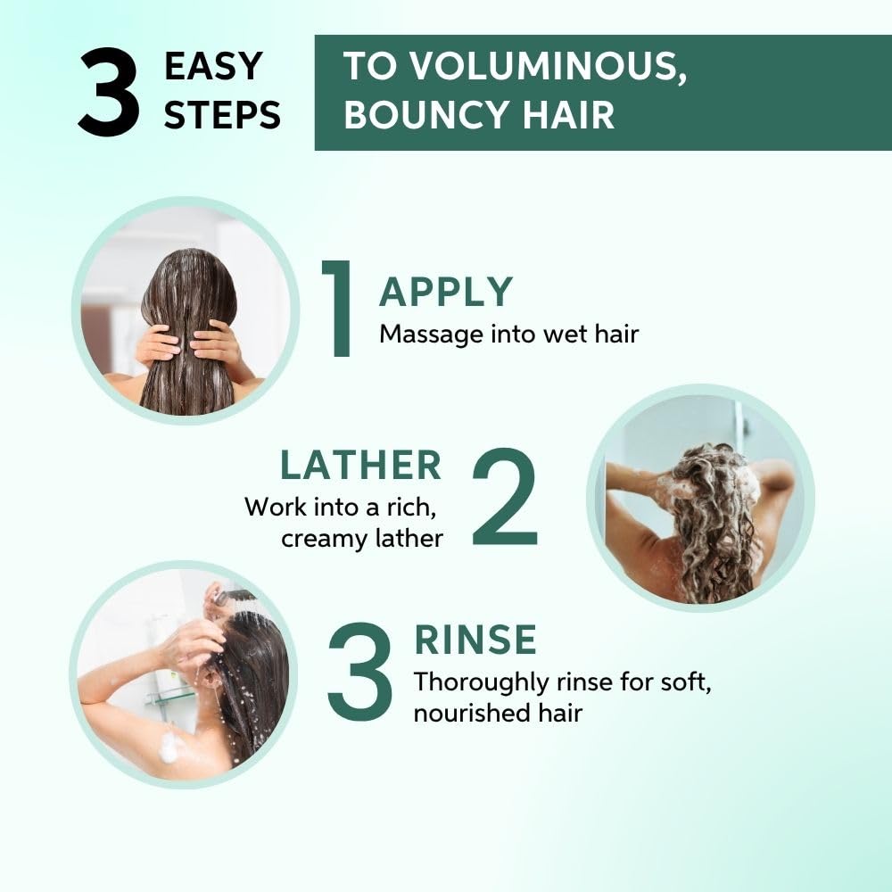 Three-step hair care process with images of a woman washing her hair and text instructions on a light green background.