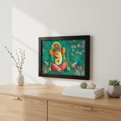 Wood Religious Ganesha Art Framed Ready to Hang Painting (Multicolour, 12inch x 18 inch)