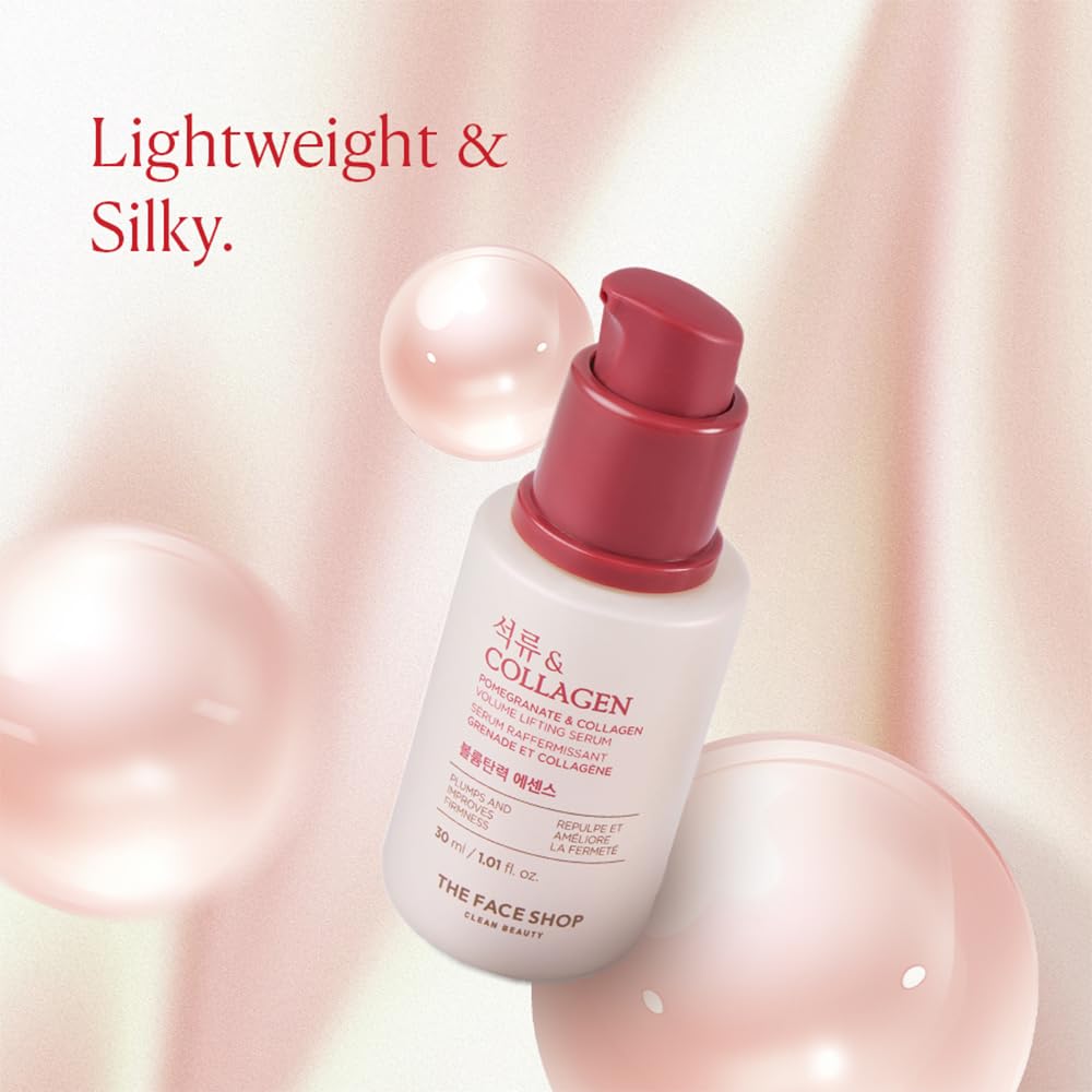 Skincare bottle with pink cap on a soft pink background, featuring the brand 'The Face Shop'.