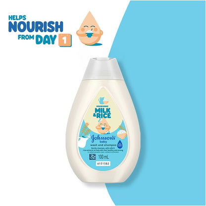 Johnson's Baby Milk & Rice Wash & Shampoo 100ml | 2-in-1 Baby Cleanser | No More Tears | Milk Protein, Rice Extracts & Multivitamins | Hypoallergenic, pH Balanced | No Parabens, Sulphates or Dyes
