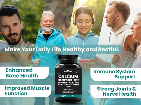 Nutrasium | Calcium & Vitamin D3 Tablets | Calcium Magnesium Zinc D3 & K2 with B12 & Folic Acid | Alfalfa, Moringa & Bamboo Leaves Extract | For Strong Bone & Joint Support | 60 Tablets