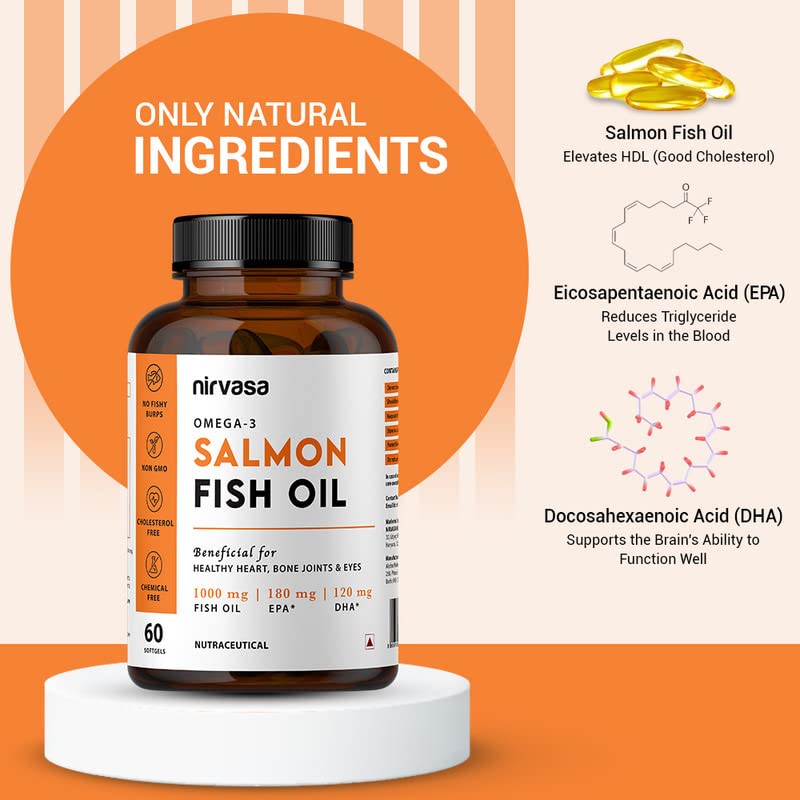 Nirvasa Omega-3 Salmon Fish Oil Capsules (1000mg, 60 Softgels) | High-Potency 180mg EPA & 120mg DHA | Supports Heart, Brain, Eye & Bone Health | No Fishy Burps | For Men & Women