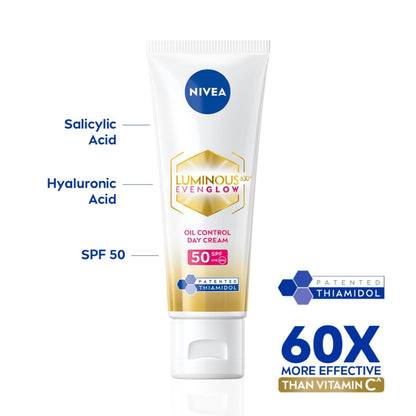 NIVEA Luminous Even Glow Oil Control Day Cream & Moisturizer For Face,Spf 50 With Uv Protection&UVA UVB Filters,Thiamidol,Hyaluronic Acid,Vitamin E For Dark Spots Reduction&Deep Moisturization,40Ml