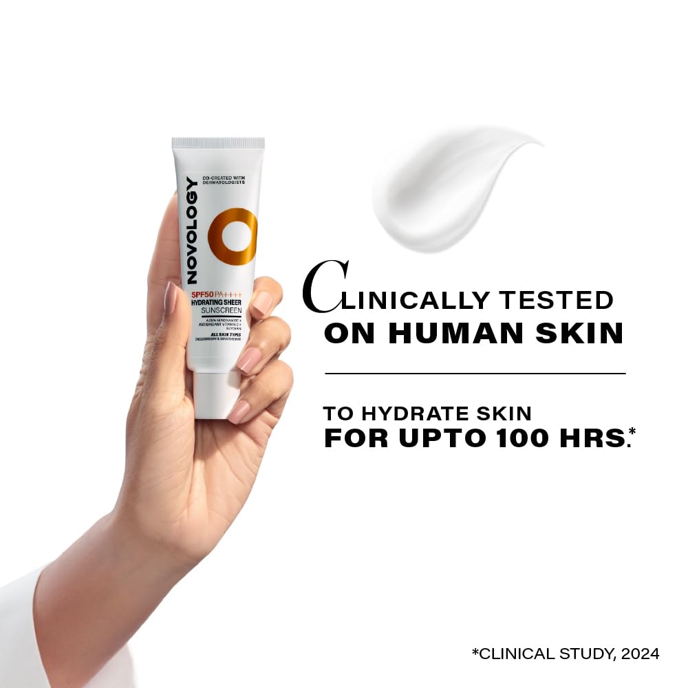 Hand holding a Novology skincare product with text about clinical testing on human skin.