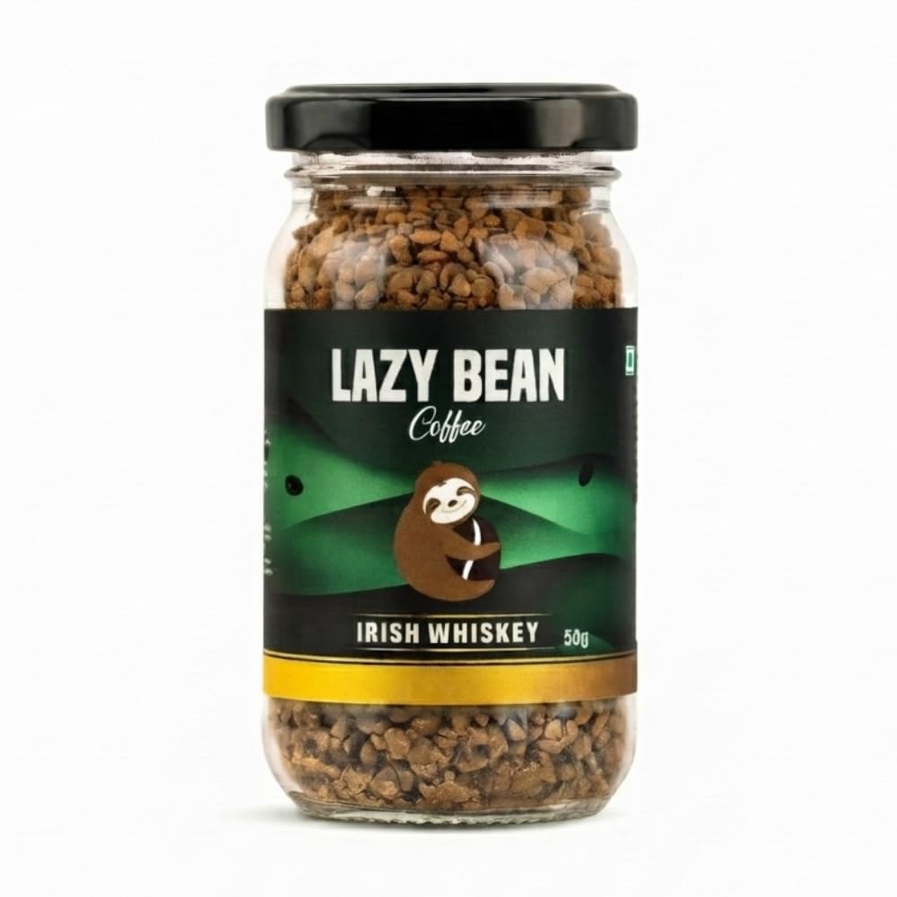Lazy Bean Irish Whiskey Flavoured Instant Coffee | 100% Arabica Coffee | Medium Roast | Rich Whiskey-Inspired Aroma | Premium Flavoured Coffee Powder | Café Style Beverage | No Alcohol | 50g