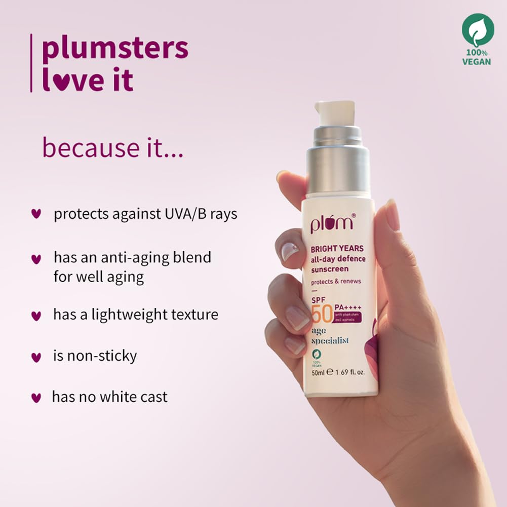 Plum Bright Years All Day Defence Cream SPF 50 PA+++| Sun Protection | For Ageing Skin | 100% Vegan, Cruelty Free | 50ml
