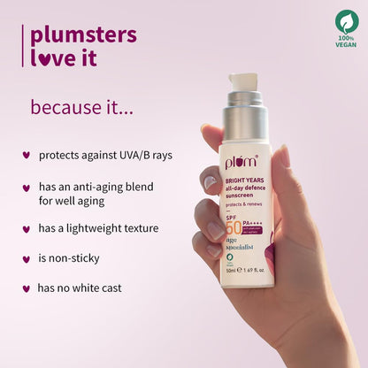 Plum Bright Years All Day Defence Cream SPF 50 PA+++| Sun Protection | For Ageing Skin | 100% Vegan, Cruelty Free | 50ml