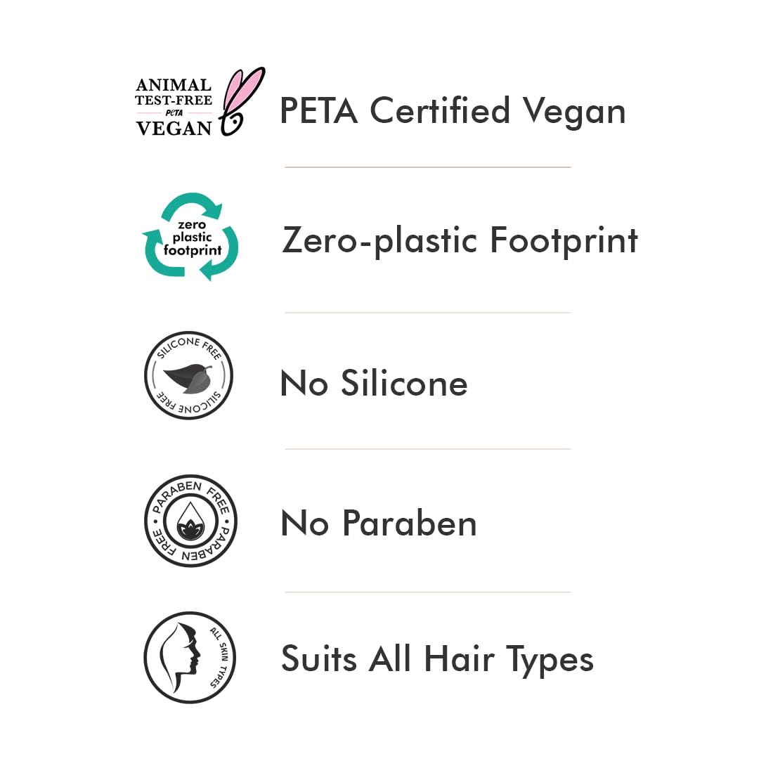 List of product features including PETA Certified Vegan, Zero-plastic Footprint, No Silicone, No Paraben, and Suits All Hair Types on a white background.