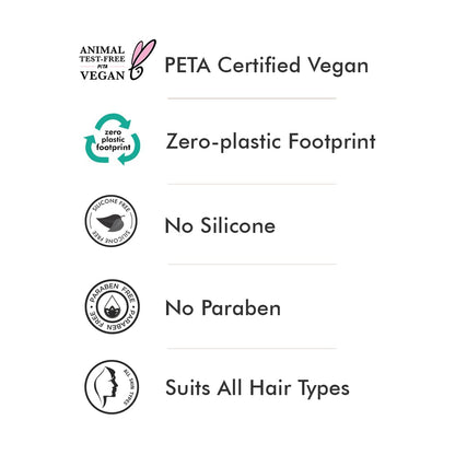 List of product features including PETA Certified Vegan, Zero-plastic Footprint, No Silicone, No Paraben, and Suits All Hair Types on a white background.