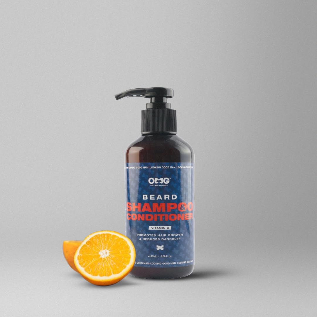 Bottle of OTCG Beard Shampoo Conditioner with an orange on a gray background