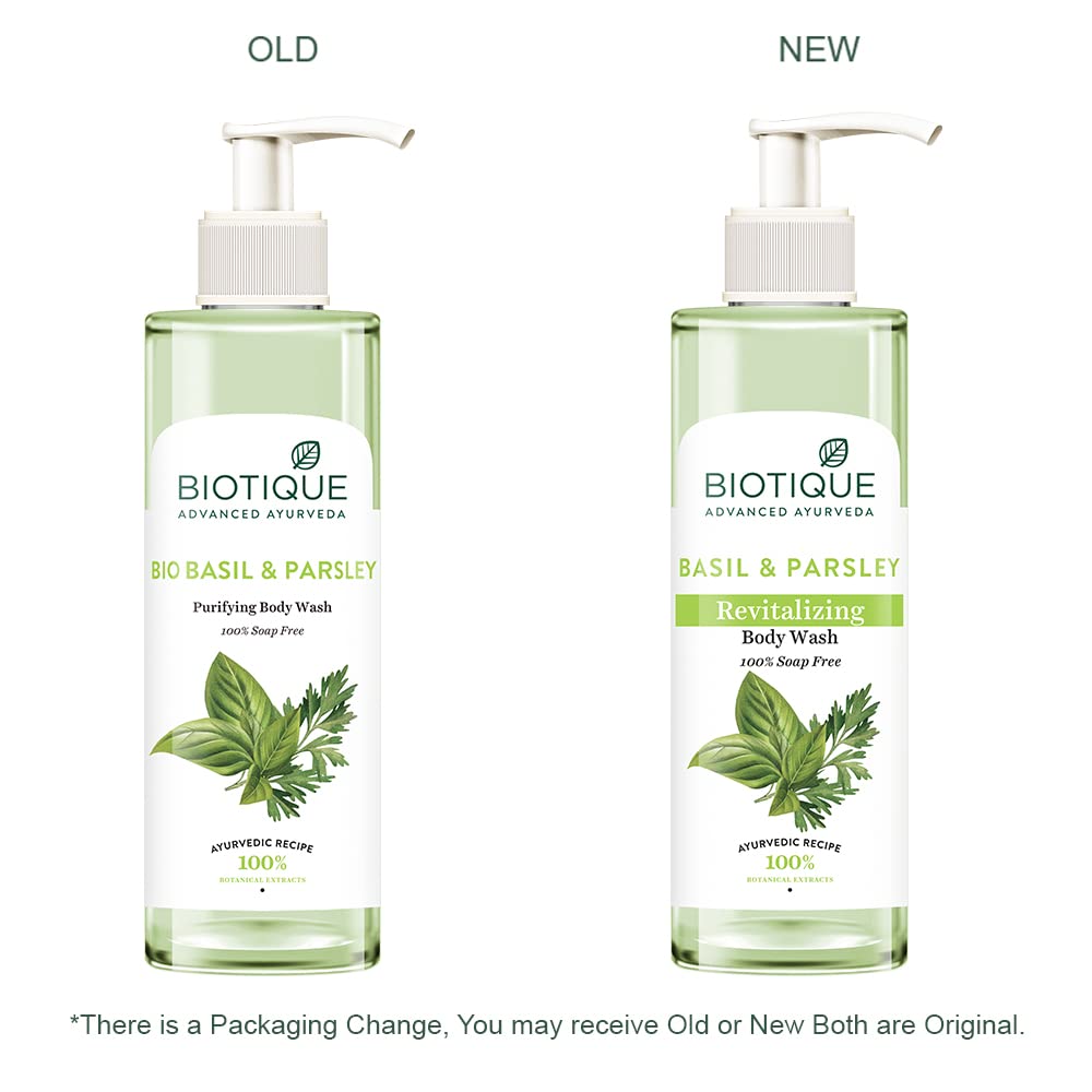 Two bottles of Biotique Basil & Parsley Body Wash, one labeled 'Old' and the other 'New', on a white background.