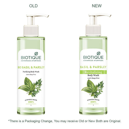 Two bottles of Biotique Basil & Parsley Body Wash, one labeled 'Old' and the other 'New', on a white background.