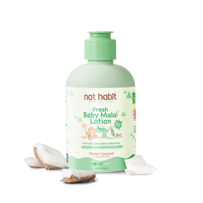 Nat Habit Baby Malai Lotion |Tender Coconut| Baby Body Lotion for Intense Nurture, Moisturizer for Deep Nourishment & Skin Barrier Protection | 100% Natural, Chemical-Free Baby Cream | 200ml
