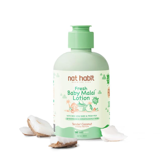 Nat Habit Baby Malai Lotion |Tender Coconut| Baby Body Lotion for Intense Nurture, Moisturizer for Deep Nourishment & Skin Barrier Protection | 100% Natural, Chemical-Free Baby Cream | 200ml