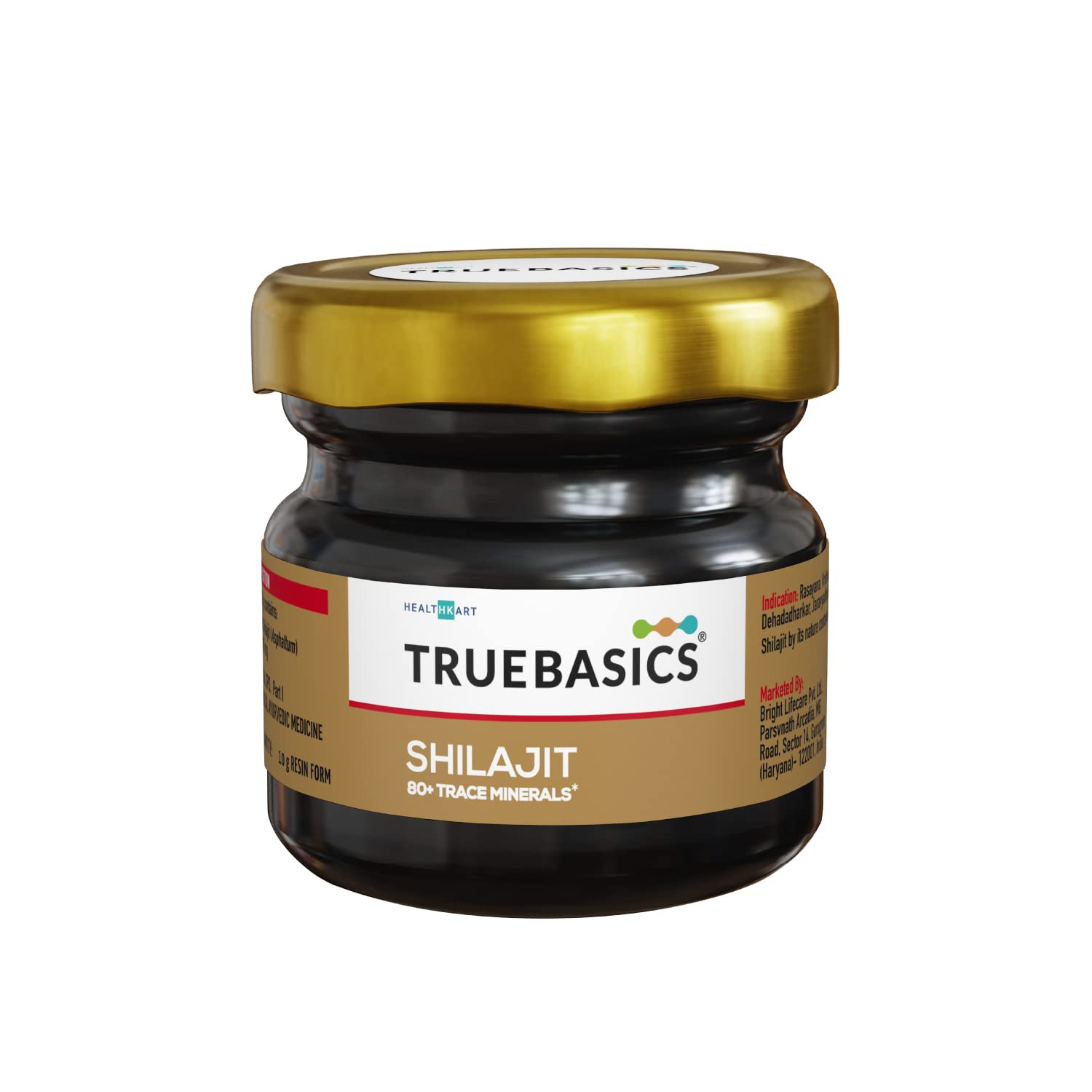 TrueBasics Shilajit jar with gold lid on a white background