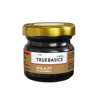 TrueBasics Shilajit jar with gold lid on a white background