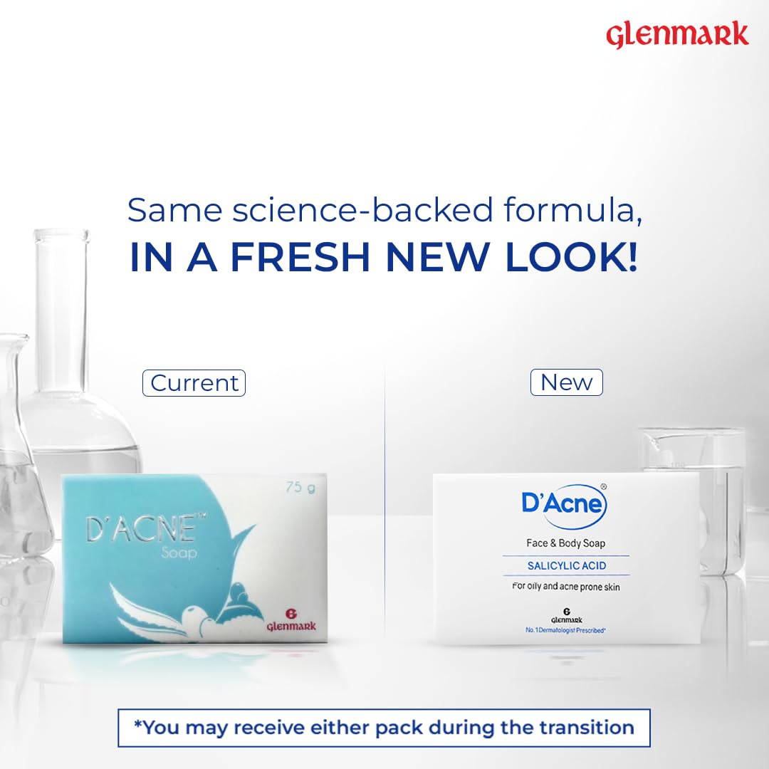 Advertisement for D'Acne face and body soap packaging with Glenmark branding.