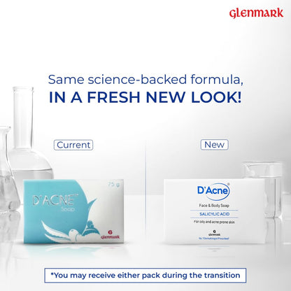 Advertisement for D'Acne face and body soap packaging with Glenmark branding.
