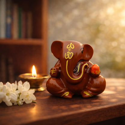 Resin Lord Ganesha Idol for Car Dashboard 5x5cm (Brown)