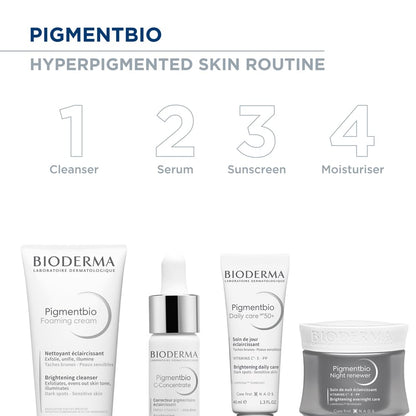 Bioderma Pigmentbio skincare products with step-by-step routine on a white background