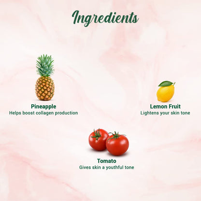 Ingredients list with pineapple, lemon, and tomatoes on a pink background