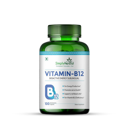 Simply Herbal Vitamin B12 Cyanocobalamin, Produce Red Blood Cells, Maintain Good Health, Boost Energy, Heart Health, Plant Based Supplements - 100 Capsules