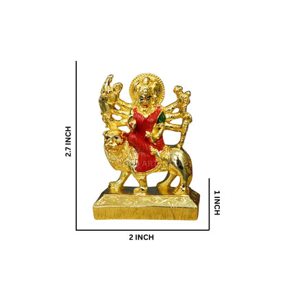 Gold Art India Gold Plated Ambe MATA Idol – Small Murti with Red & Green Attire | Goddess Durga Sitting on Lion – 2.7 Inch Poly-Resin Statue for Car Dashboard, Home & Office Worship