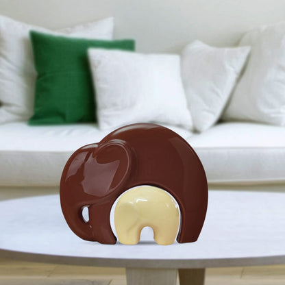 Home Décor Lucky Charm Elephant Mother & Child | Piano Finish Ceramic Figures - (Set of 2 Piece, Brown and Cream)