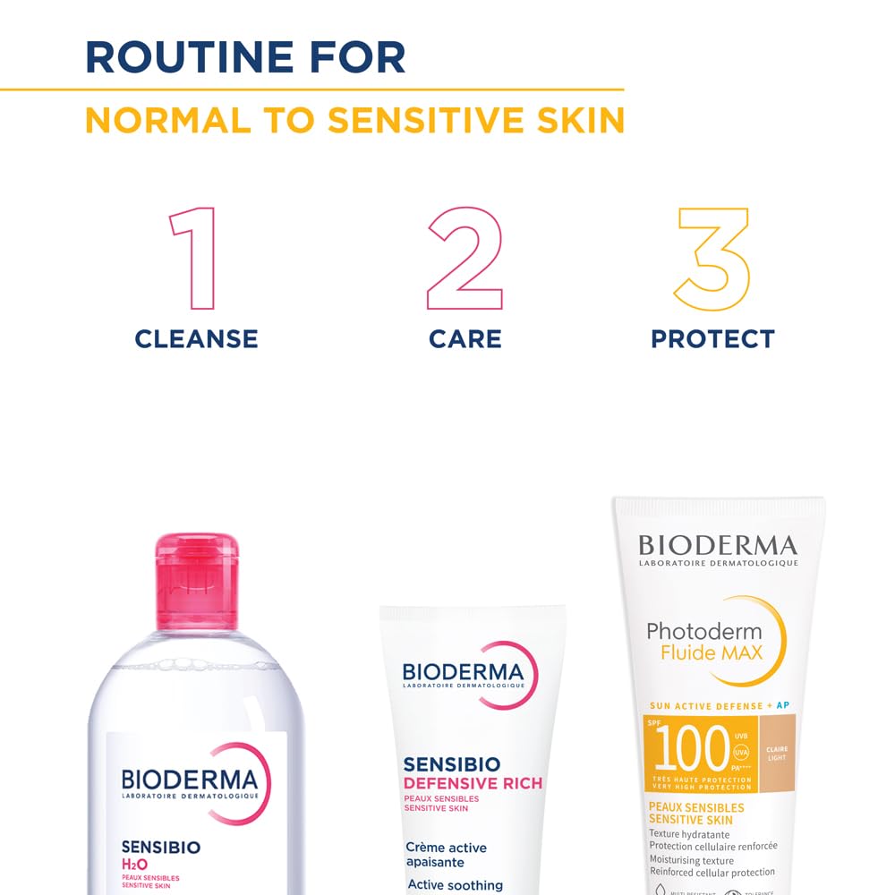 Bioderma skincare products with steps for normal to sensitive skin routine on a white background.
