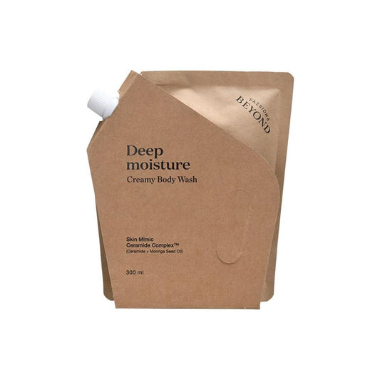 Brown paper packaging of 'Beyond' deep moisture creamy body wash on a white background
