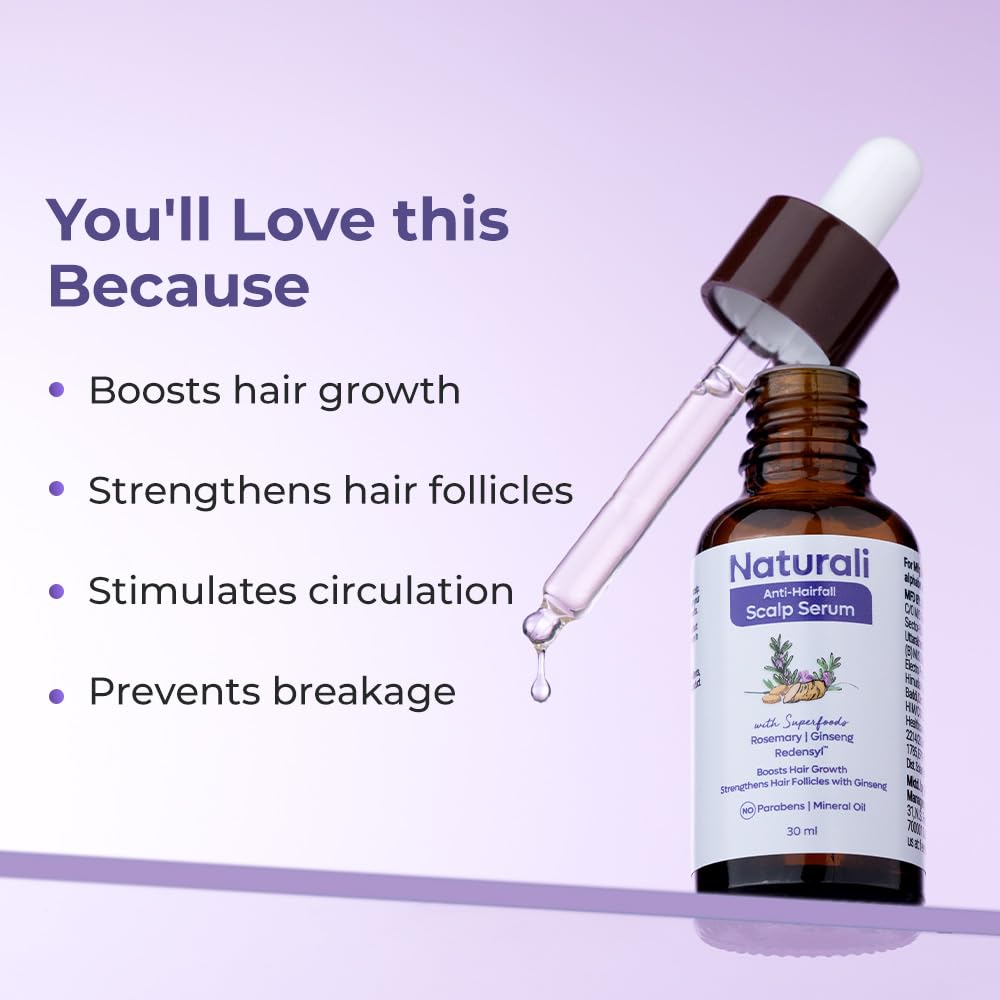 Bottle of Naturali Anti-Hairfall Scalp Serum with dropper on a purple background