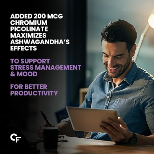 Man using a tablet with text about chromium picolinate and ashwagandha effects on stress management and mood.