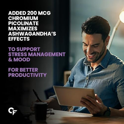 Man using a tablet with text about chromium picolinate and ashwagandha effects on stress management and mood.