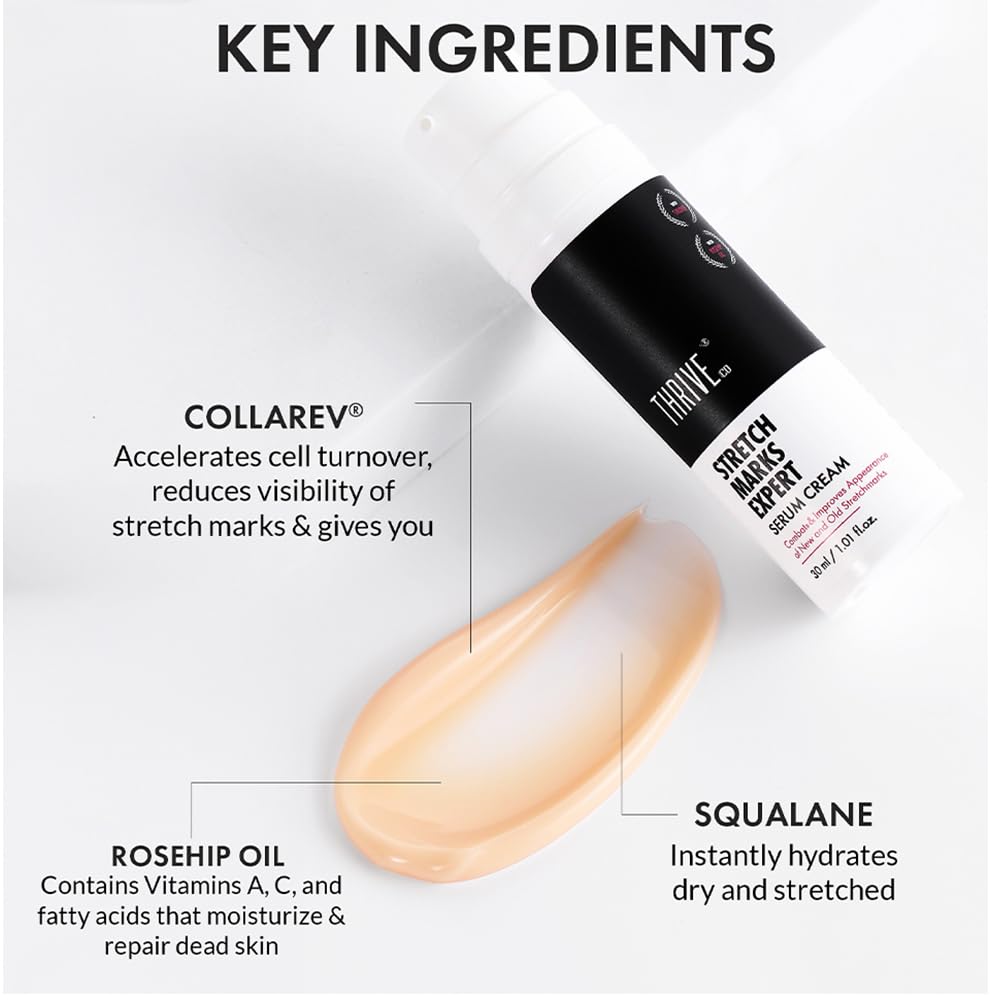 Skincare serum bottle with key ingredients listed on a light background