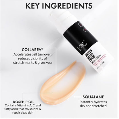 Skincare serum bottle with key ingredients listed on a light background