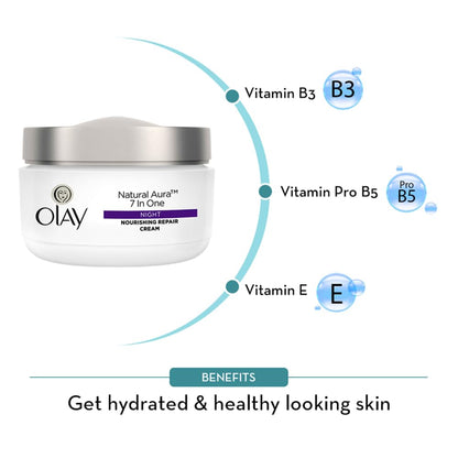 Olay night cream jar with vitamins B3, Pro B5, and E on a white background