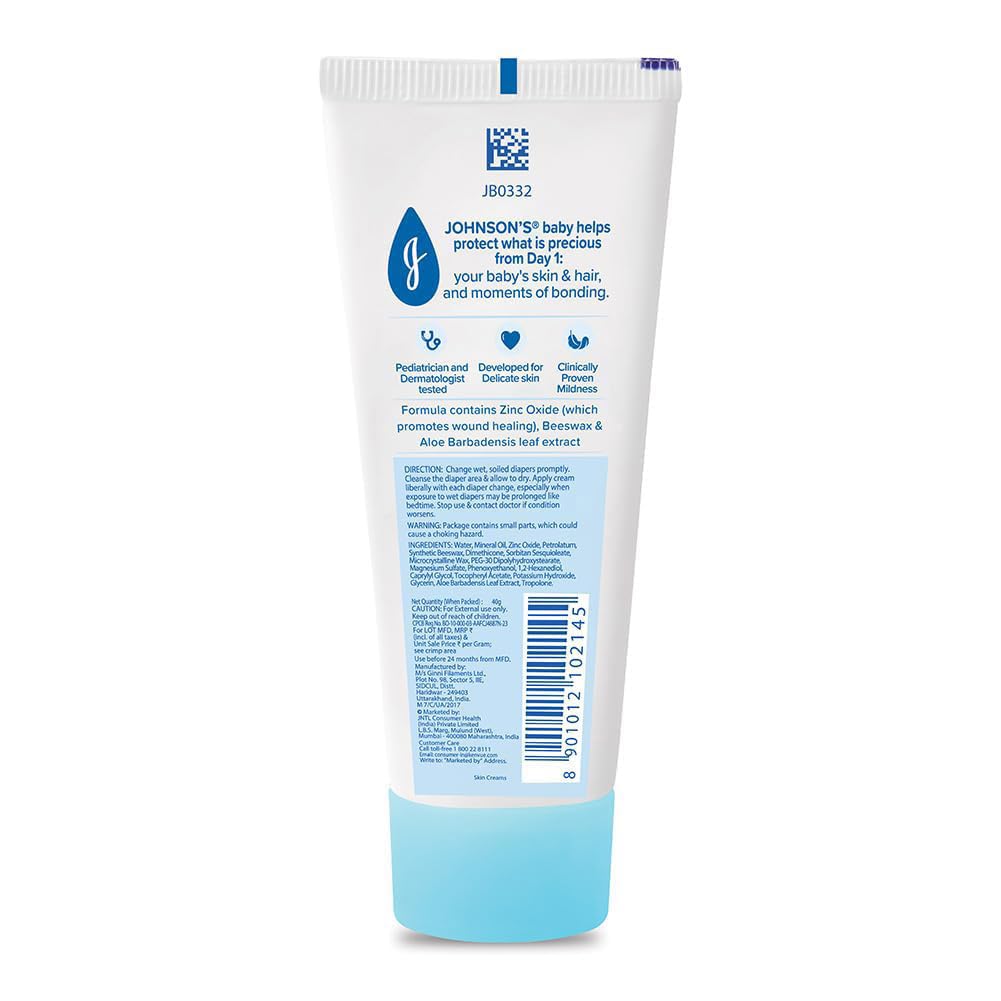 Johnson's Baby Diaper Rash Cream 40g | With Aloe Vera & Natural Beeswax | For All Skin Types Including Sensitive Skin | Clinically Proven, Soothes & Prevents Diaper Rash | No Parabens & Sulphates | Paediatrician Tested